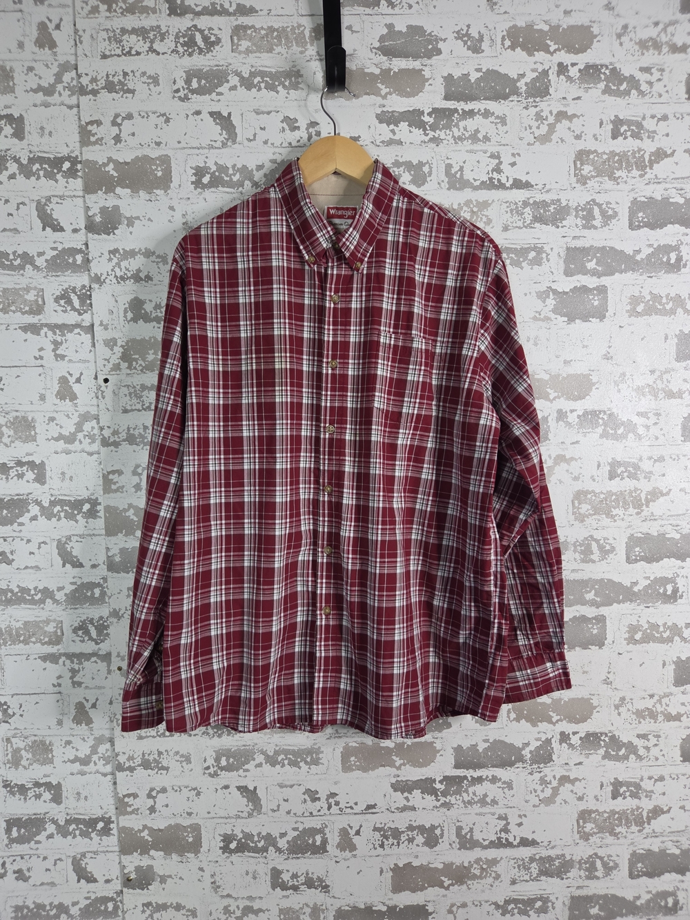 Wrangler Mens Long Sleeve Button Up Shirt Red White Plaid Sz L Casual
